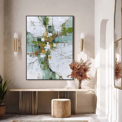 VERDANT ECHO: Textured Abstract Painting in Earth Tones | black frame version on white wall