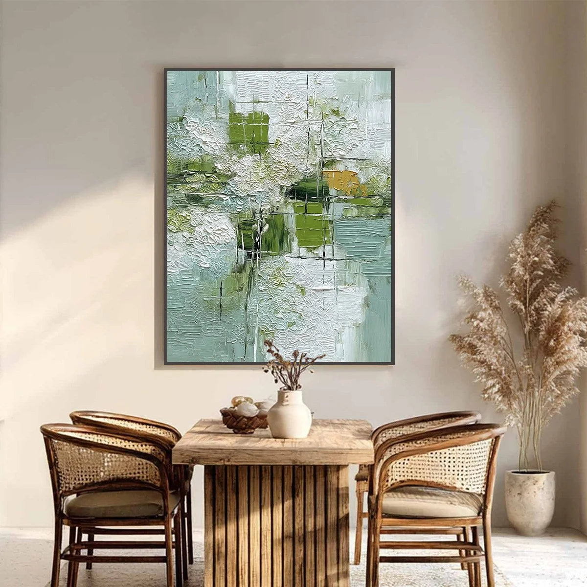 VERDANT GRID: Textured Green and White Wabi Sabi Abstract Painting | Abstract closeup, raised brushwork detail
