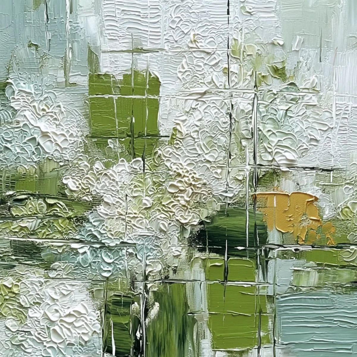 VERDANT GRID: Textured Green and White Wabi Sabi Abstract Painting | rectangular format, hand-painted canvas edge