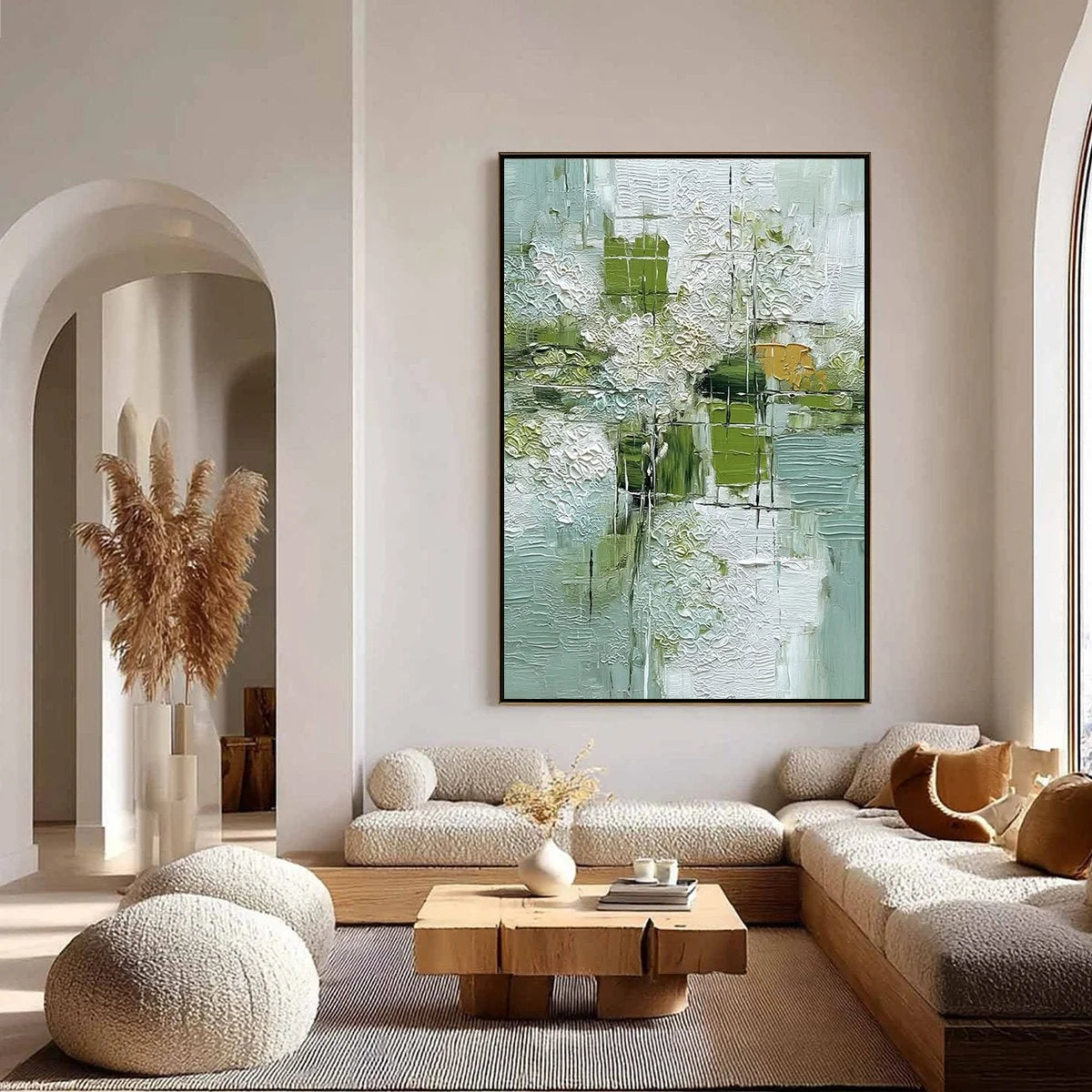 VERDANT GRID: Textured Green and White Wabi Sabi Abstract Painting | gold frame stretched on neutral wall
