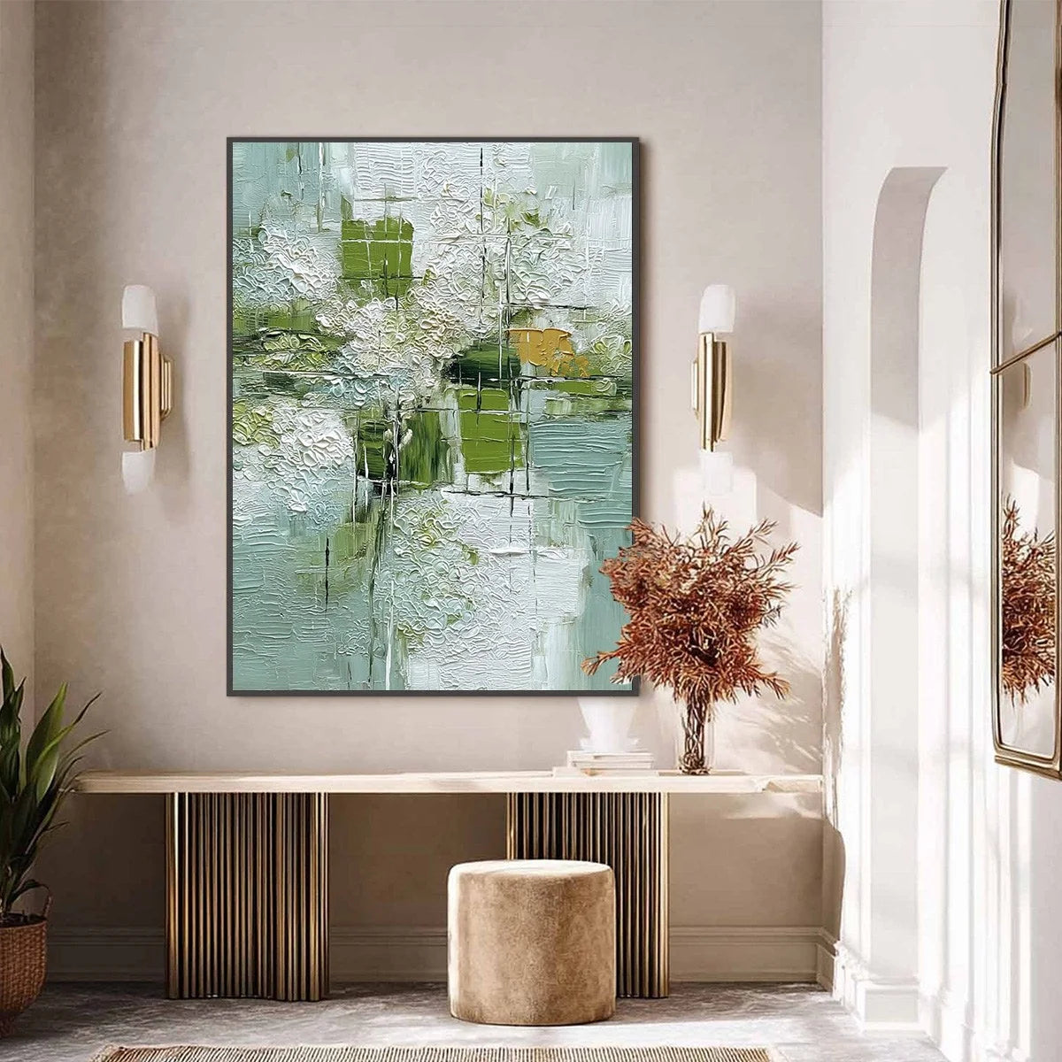 VERDANT GRID: Textured Green and White Wabi Sabi Abstract Painting | black frame version on white wall