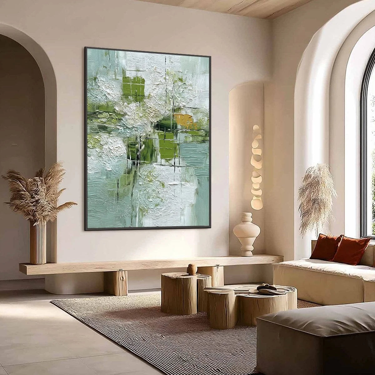 VERDANT GRID: Textured Green and White Wabi Sabi Abstract Painting | Abstract mood, soft natural light studio shot