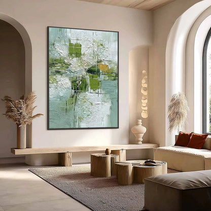 VERDANT GRID: Textured Green and White Wabi Sabi Abstract Painting | Abstract mood, soft natural light studio shot