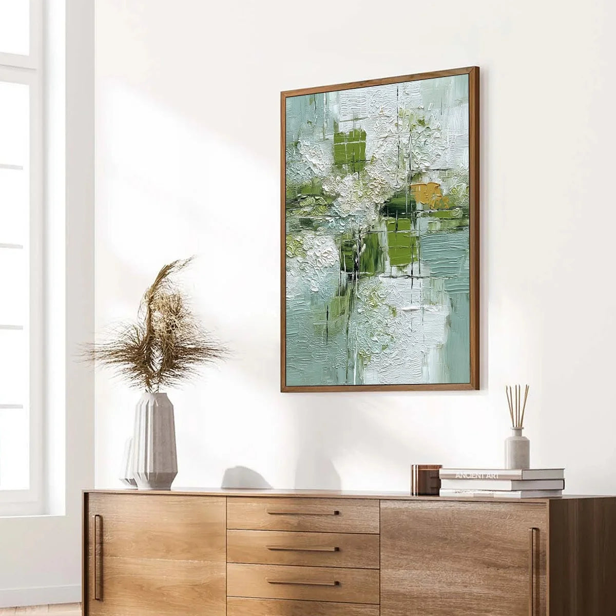 VERDANT GRID: Textured Green and White Wabi Sabi Abstract Painting | green palette, original oil on stretched canvas art