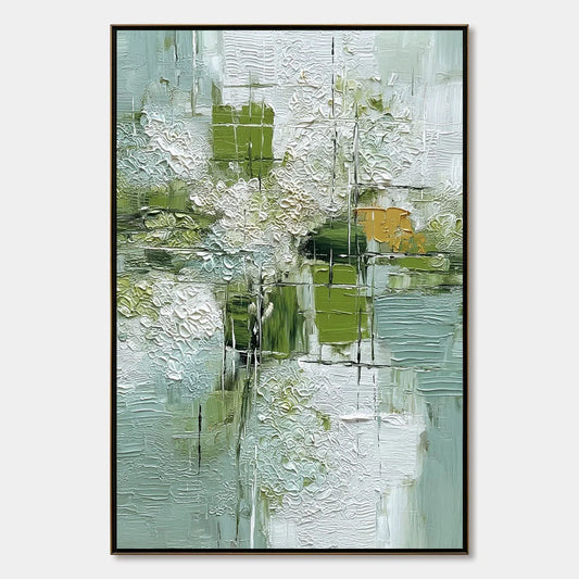 VERDANT GRID: Textured Green and White Wabi Sabi Abstract Painting | hanging in living room, Abstract wall art