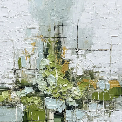 VERDANT SANCTUARY: Heavily Textured Abstract Green and White Painting | rectangular format, hand-painted canvas edge