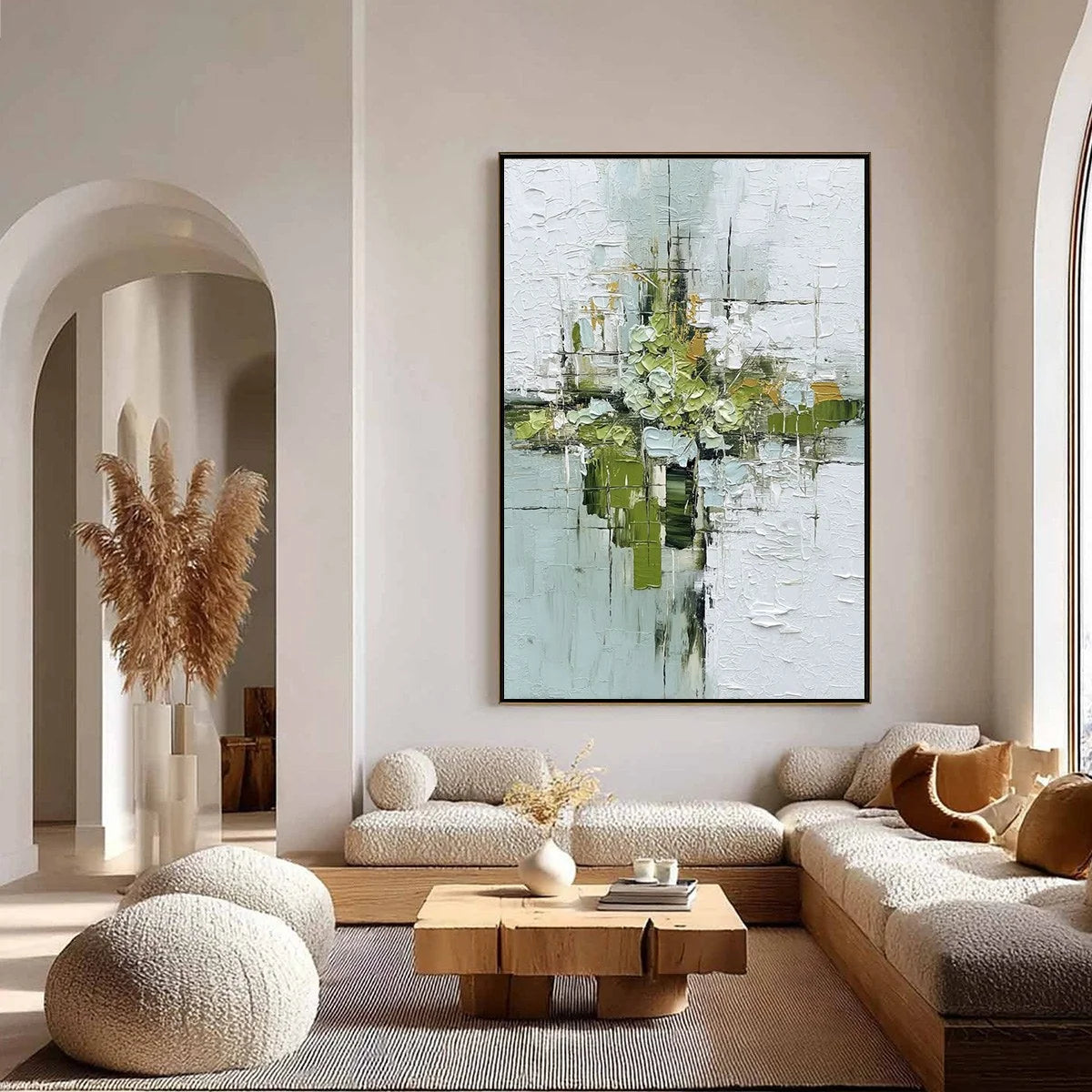 VERDANT SANCTUARY: Heavily Textured Abstract Green and White Painting | gold frame stretched on neutral wall