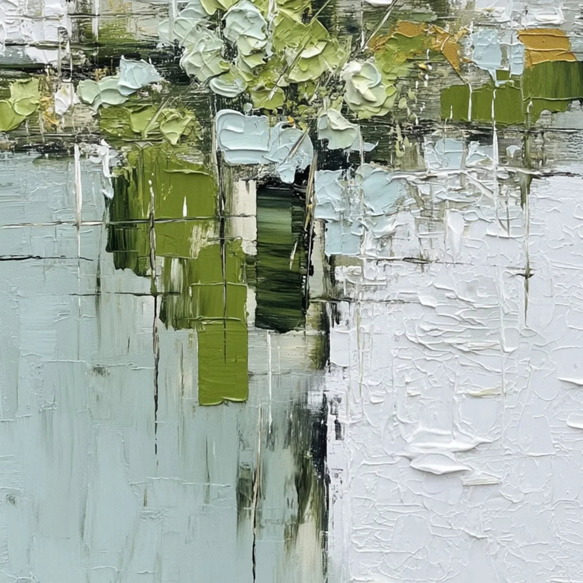 VERDANT SANCTUARY: Heavily Textured Abstract Green and White Painting | rolled canvas, ready for custom framing