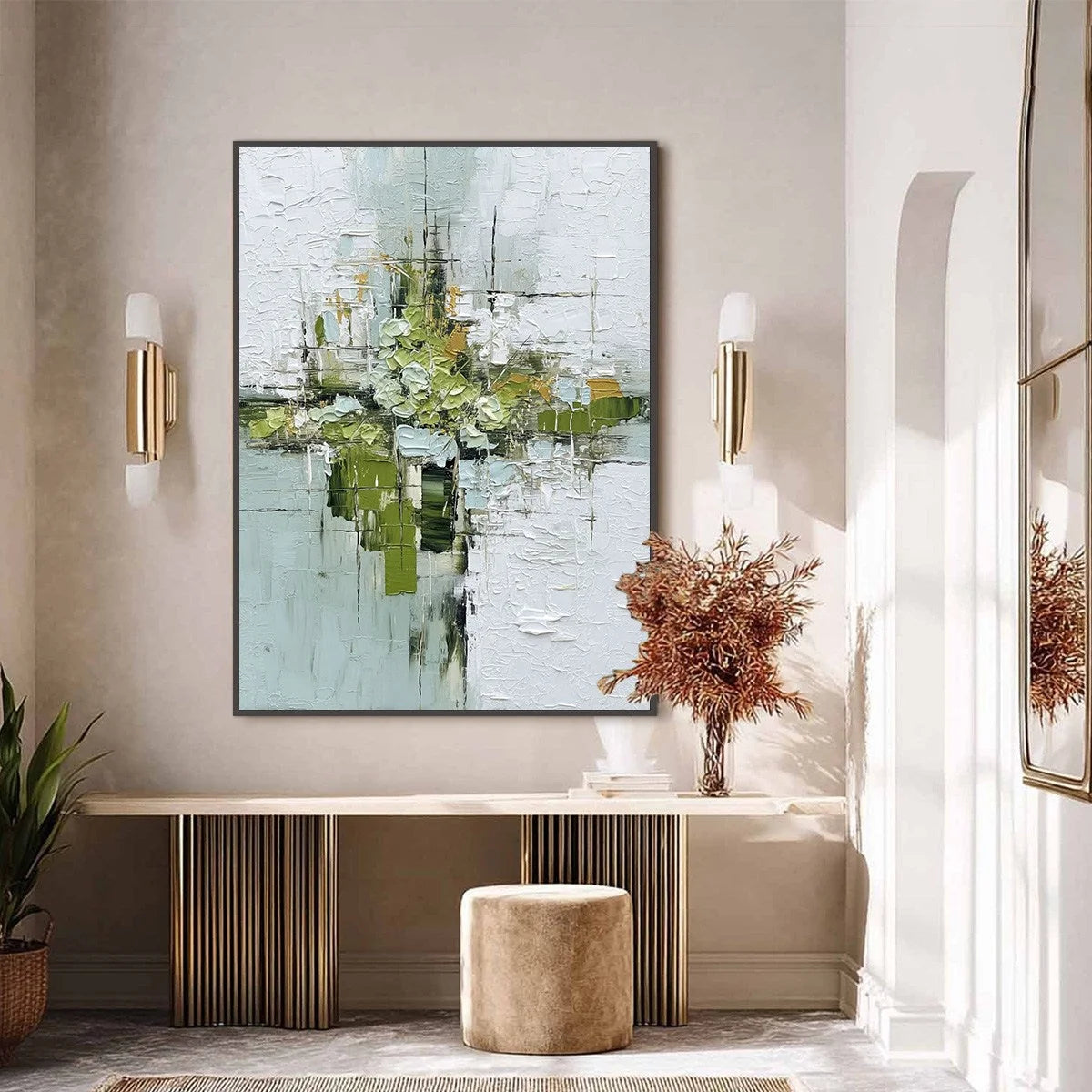 VERDANT SANCTUARY: Heavily Textured Abstract Green and White Painting | black frame version on white wall