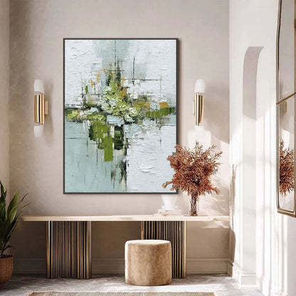VERDANT SANCTUARY: Heavily Textured Abstract Green and White Painting | black frame version on white wall