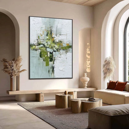 VERDANT SANCTUARY: Heavily Textured Abstract Green and White Painting | Abstract mood, soft natural light studio shot