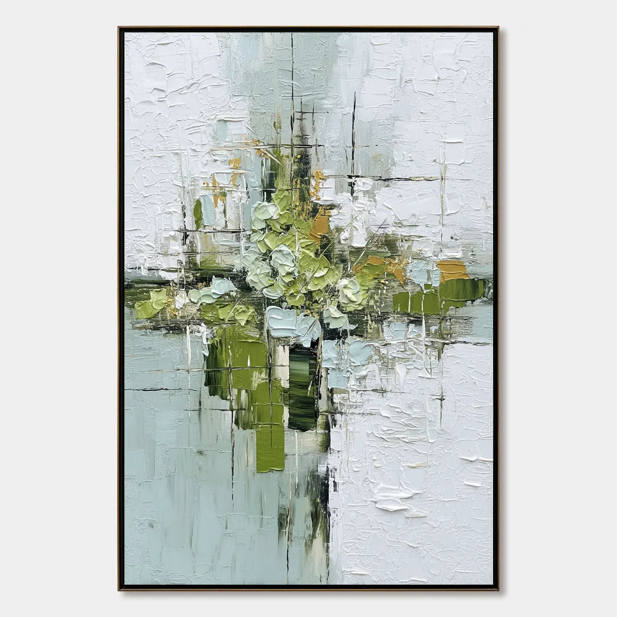 VERDANT SANCTUARY: Heavily Textured Abstract Green and White Painting | hanging in living room, Abstract wall art