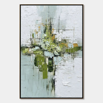 VERDANT SANCTUARY: Heavily Textured Abstract Green and White Painting | hanging in living room, Abstract wall art