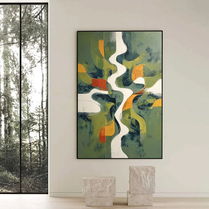 VERIDIAN FLOW: Textured Modern Abstract Landscape Painting | black frame version on white wall