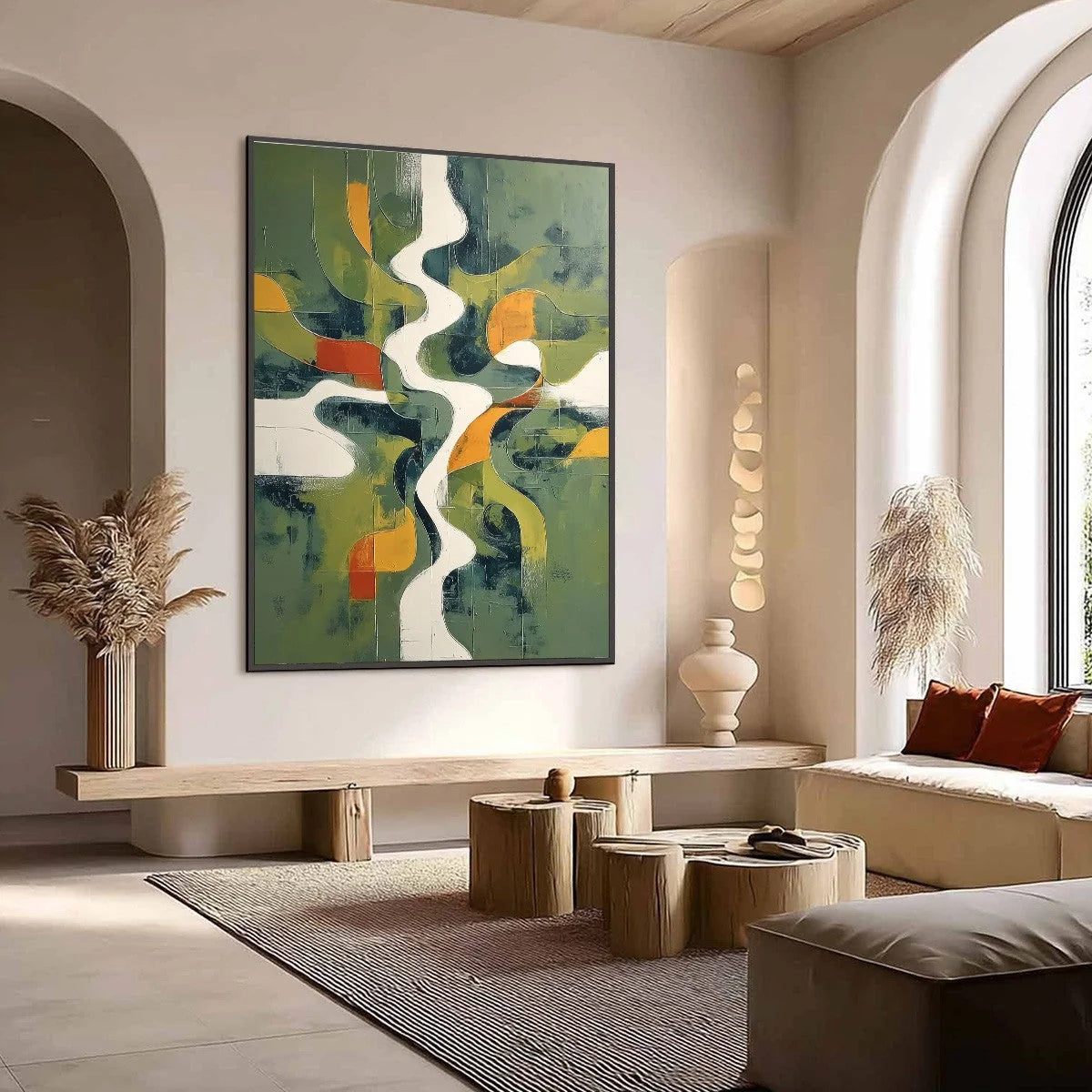 VERIDIAN FLOW: Textured Modern Abstract Landscape Painting | Abstract mood, soft natural light studio shot