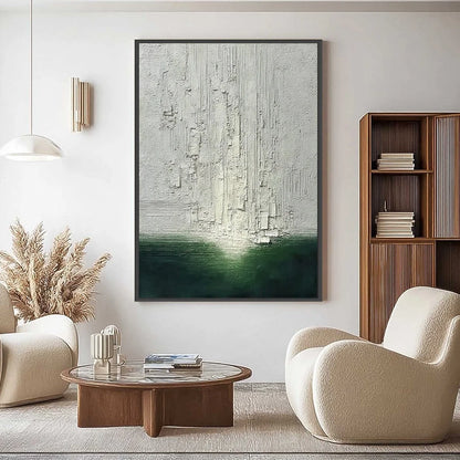 VERIDIAN HORIZON: Textured Wabi Sabi Abstract Landscape Painting | Abstract closeup, raised brushwork detail