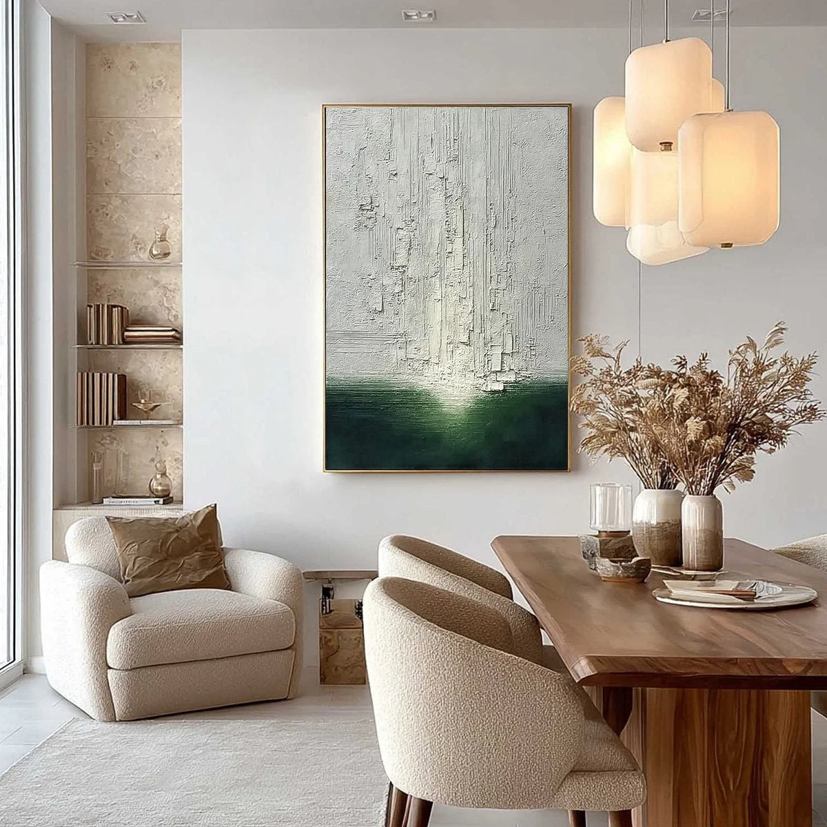 VERIDIAN HORIZON: Textured Wabi Sabi Abstract Landscape Painting | gold frame stretched on neutral wall