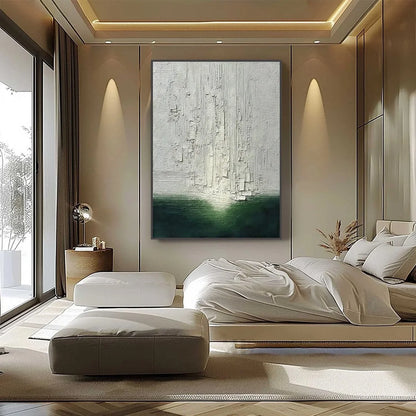 VERIDIAN HORIZON: Textured Wabi Sabi Abstract Landscape Painting | black frame version on white wall