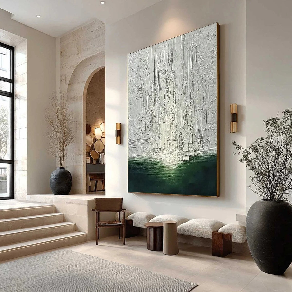 VERIDIAN HORIZON: Textured Wabi Sabi Abstract Landscape Painting | Abstract mood, soft natural light studio shot