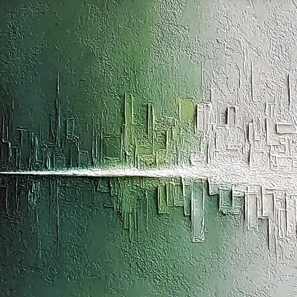VERIDIAN REFLECTIONS: Textured Abstract Cityscape Reflection Painting | rectangular format, hand-painted canvas edge