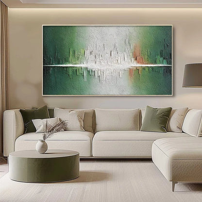 VERIDIAN REFLECTIONS: Textured Abstract Cityscape Reflection Painting | gold frame stretched on neutral wall