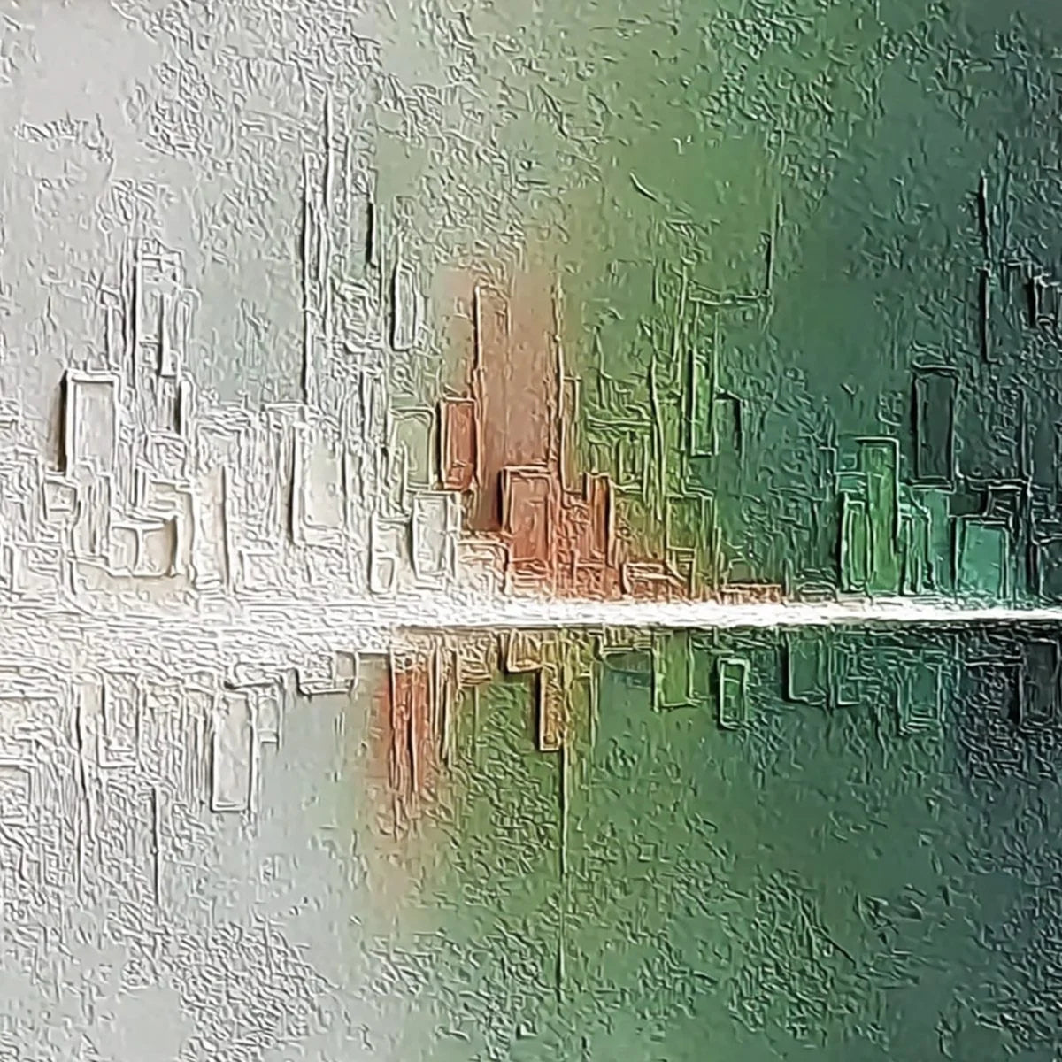 VERIDIAN REFLECTIONS: Textured Abstract Cityscape Reflection Painting | rolled canvas, ready for custom framing