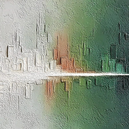 VERIDIAN REFLECTIONS: Textured Abstract Cityscape Reflection Painting | rolled canvas, ready for custom framing