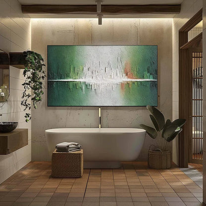 VERIDIAN REFLECTIONS: Textured Abstract Cityscape Reflection Painting | black frame version on white wall