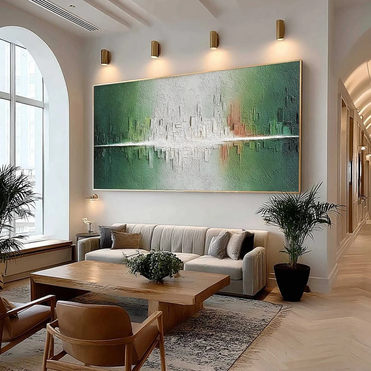 VERIDIAN REFLECTIONS: Textured Abstract Cityscape Reflection Painting | Abstract mood, soft natural light studio shot