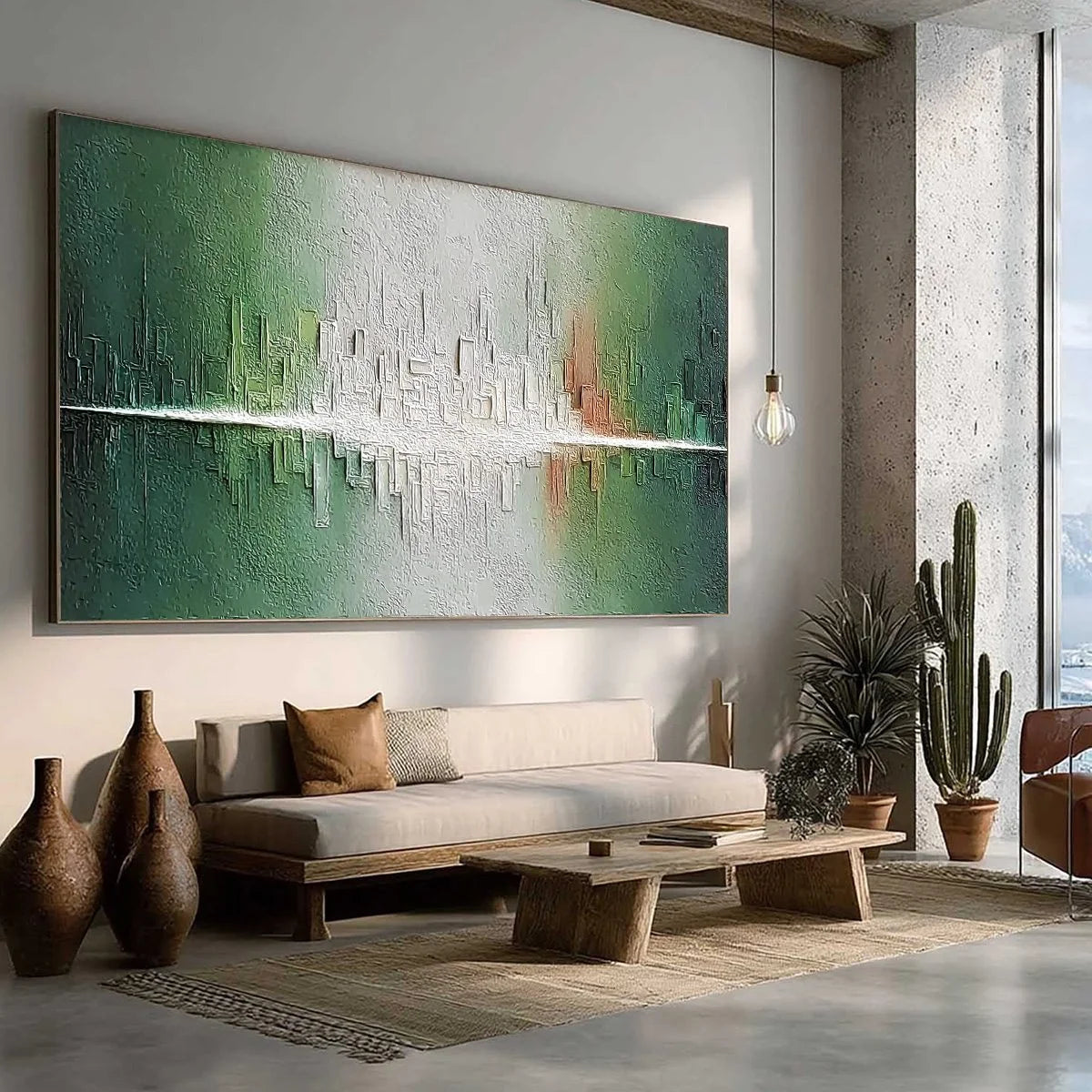 VERIDIAN REFLECTIONS: Textured Abstract Cityscape Reflection Painting | multi-color palette, original oil on stretched canvas art