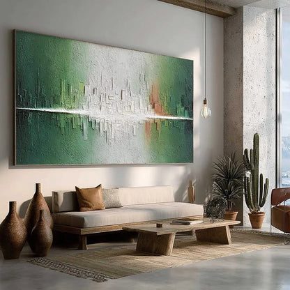 VERIDIAN REFLECTIONS: Textured Abstract Cityscape Reflection Painting | multi-color palette, original oil on stretched canvas art