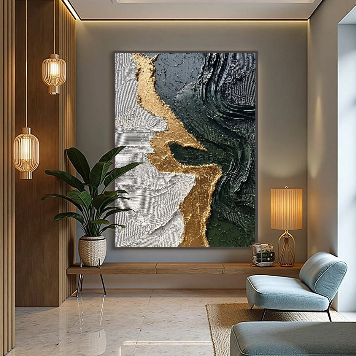 VERIDIAN RIFT: Large Vertical Textured Abstract Green and Gold Painting | Abstract closeup, raised brushwork detail