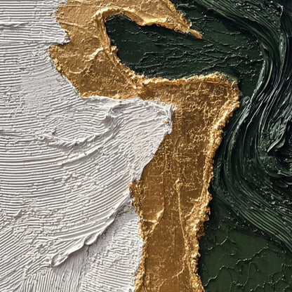VERIDIAN RIFT: Large Vertical Textured Abstract Green and Gold Painting | rectangular format, hand-painted canvas edge