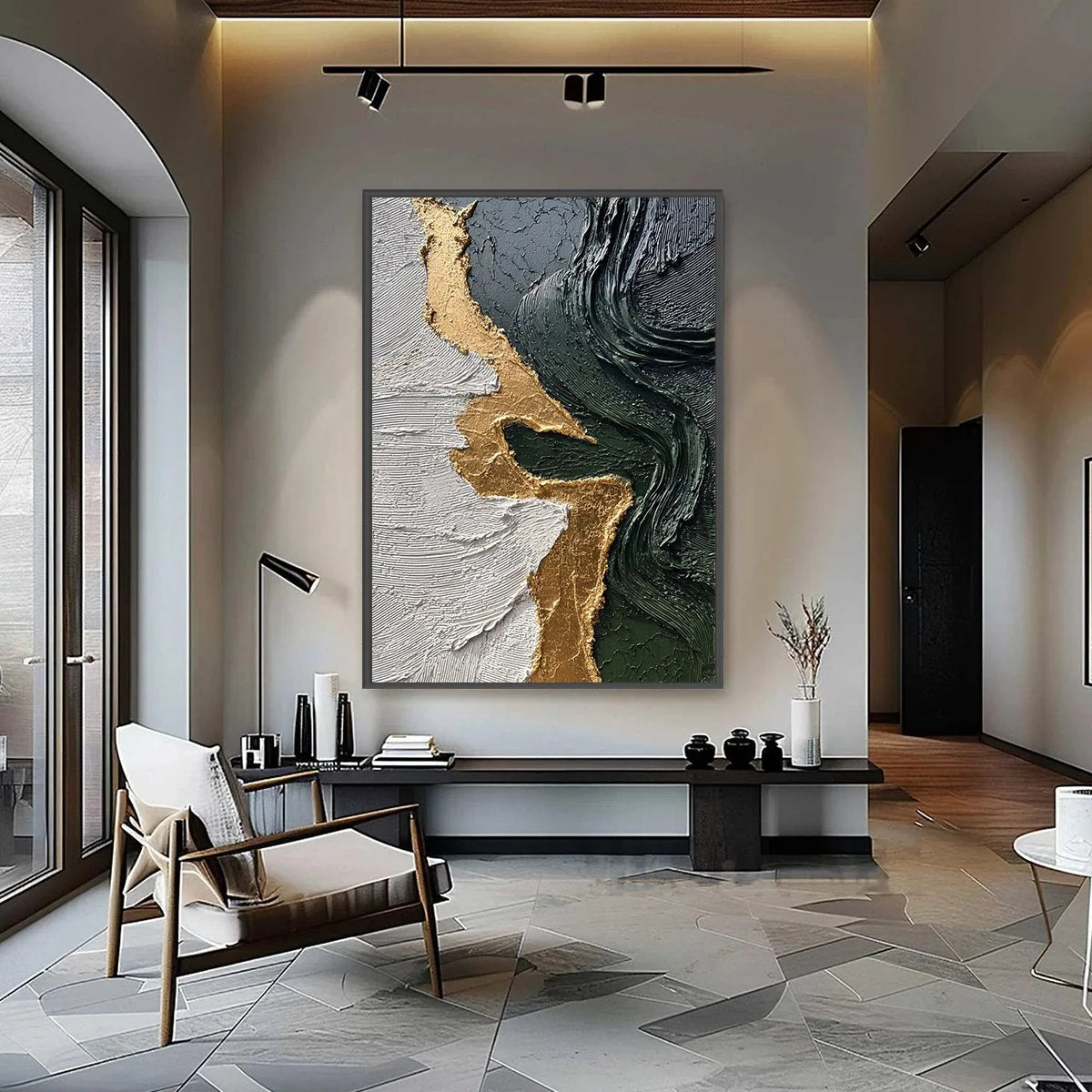 VERIDIAN RIFT: Large Vertical Textured Abstract Green and Gold Painting | gold frame stretched on neutral wall