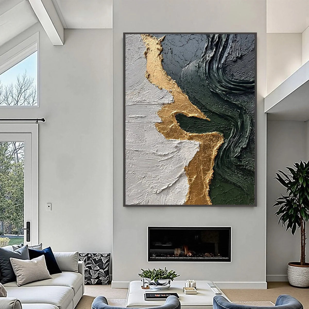 VERIDIAN RIFT: Large Vertical Textured Abstract Green and Gold Painting | black frame version on white wall