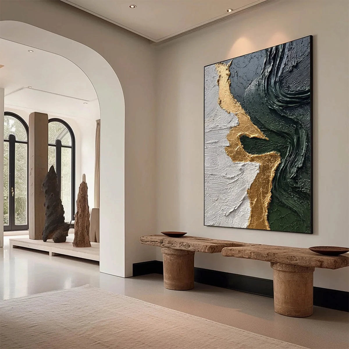 VERIDIAN RIFT: Large Vertical Textured Abstract Green and Gold Painting | Abstract mood, soft natural light studio shot