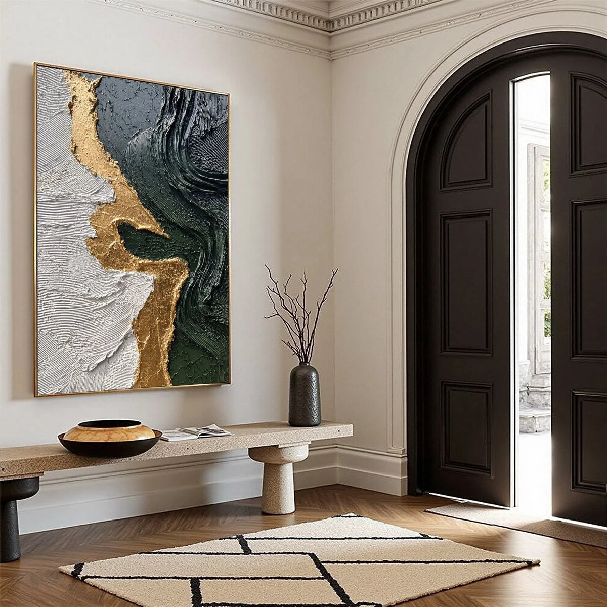 VERIDIAN RIFT: Large Vertical Textured Abstract Green and Gold Painting | green palette, original oil on stretched canvas art