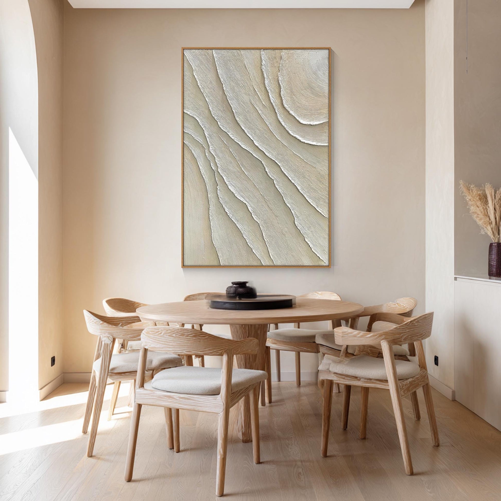 Vertical 3D Textured Plaster Painting, Large Cream Beige Minimalist Abstract Can #2