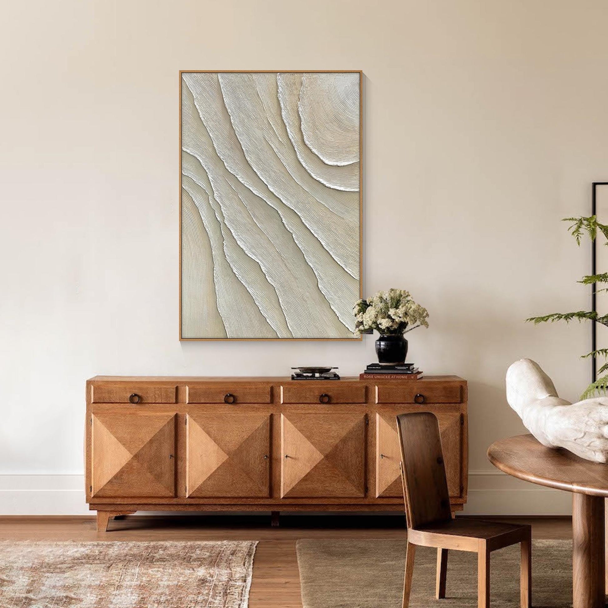 Vertical 3D Textured Plaster Painting, Large Cream Beige Minimalist Abstract Can #3