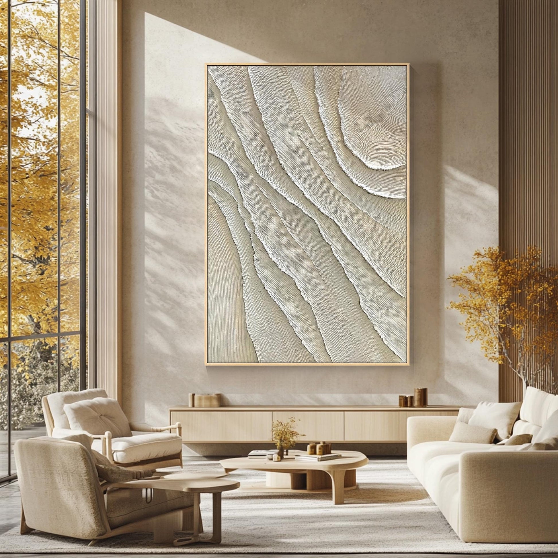 Vertical 3D Textured Plaster Painting, Large Cream Beige Minimalist Abstract Can #4