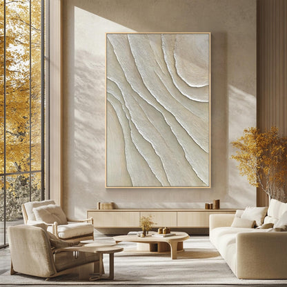 Vertical 3D Textured Plaster Painting, Large Cream Beige Minimalist Abstract Can #4