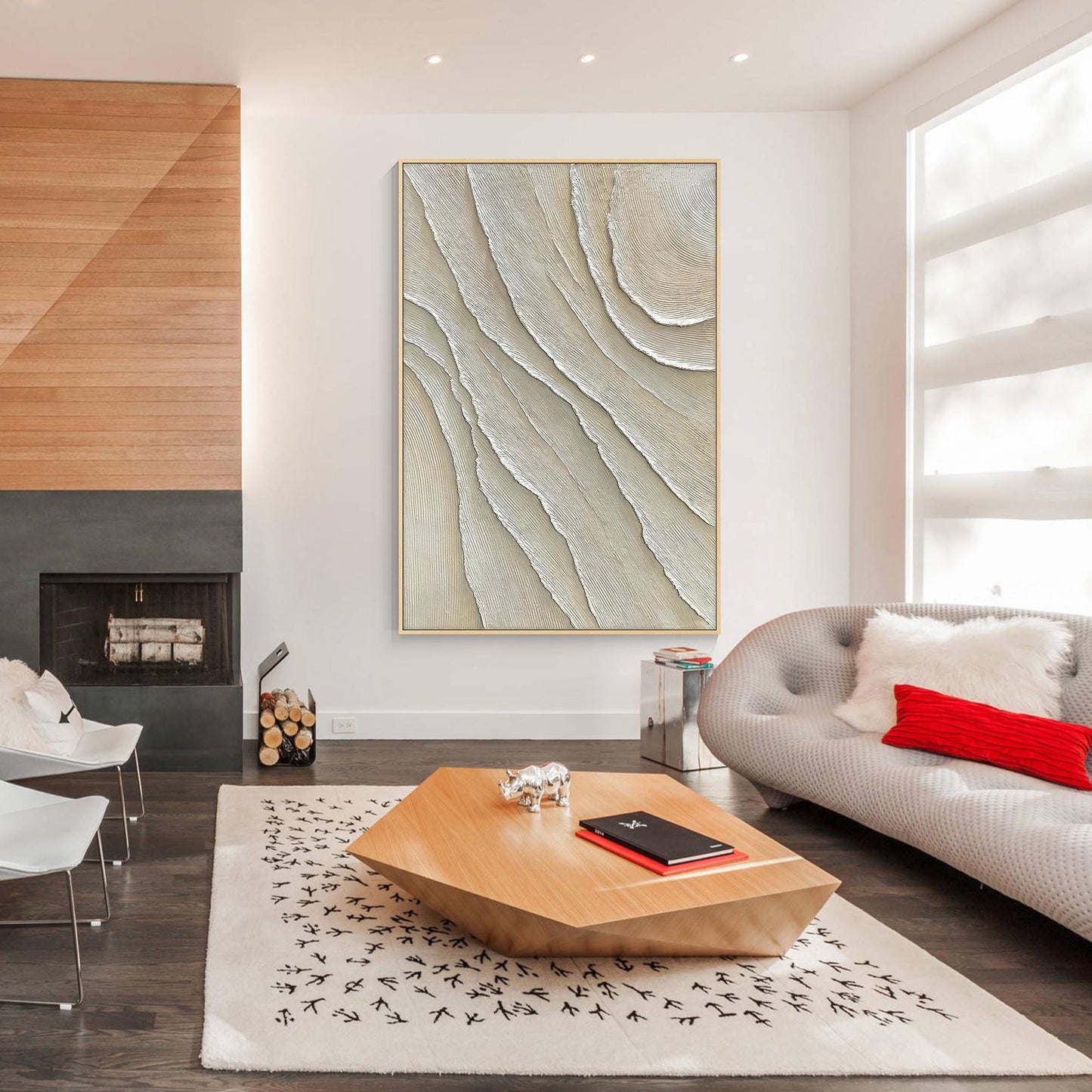 Vertical 3D Textured Plaster Painting, Large Cream Beige Minimalist Abstract Can #5