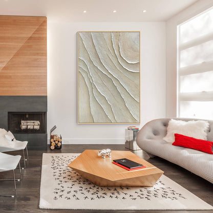 Vertical 3D Textured Plaster Painting, Large Cream Beige Minimalist Abstract Can #5