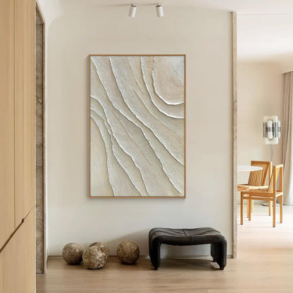 Vertical 3D Textured Plaster Painting, Large Cream Beige Minimalist Abstract Can #1