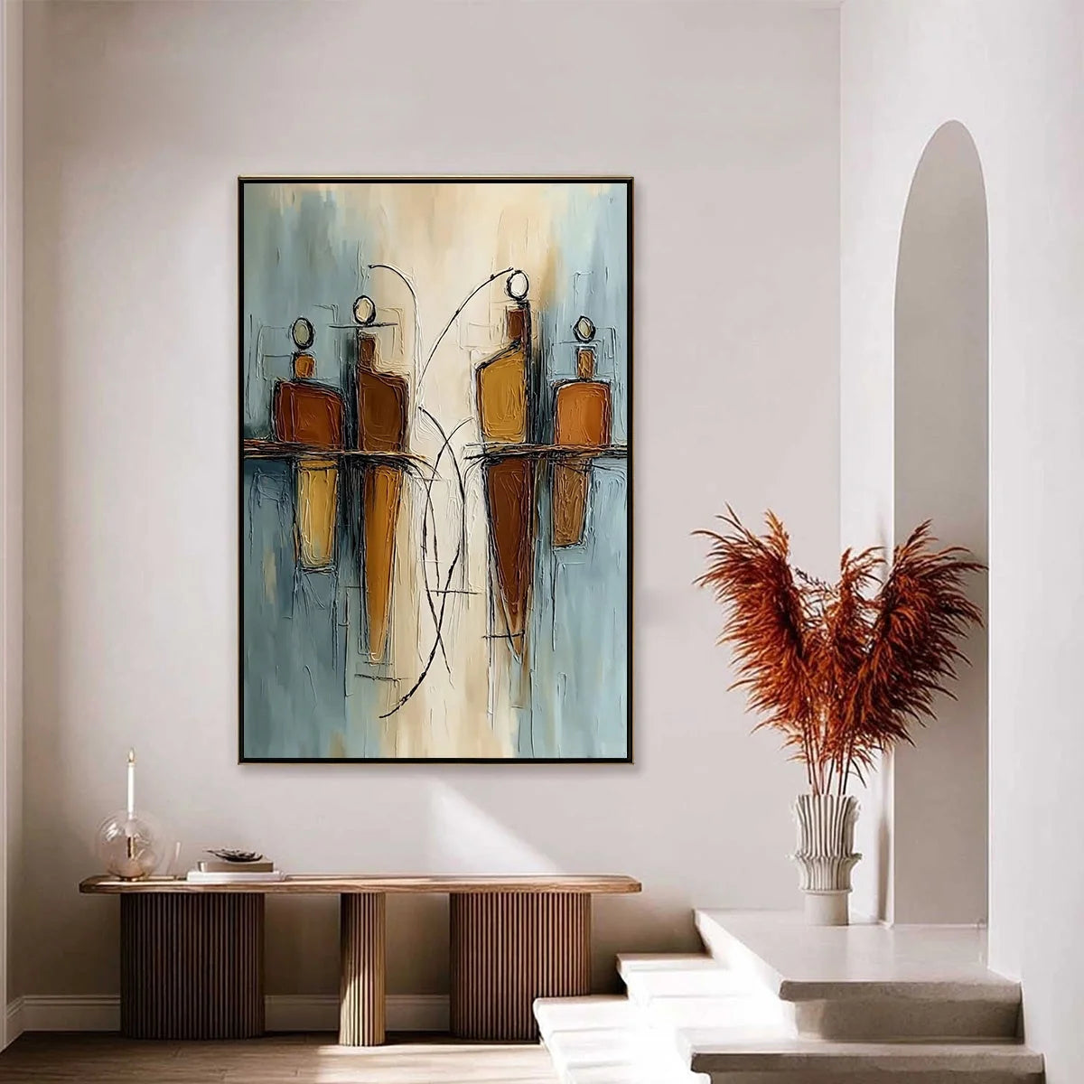 Convergence: Vertical Textured Abstract Oil Painting for Walls | gold frame stretched on neutral wall