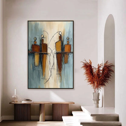 Convergence: Vertical Textured Abstract Oil Painting for Walls | gold frame stretched on neutral wall