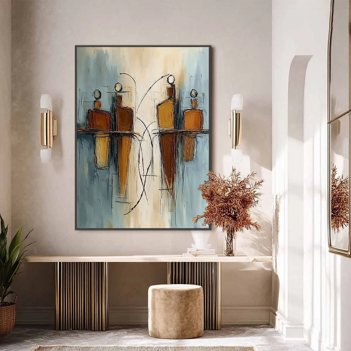 Convergence: Vertical Textured Abstract Oil Painting for Walls | black frame version on white wall