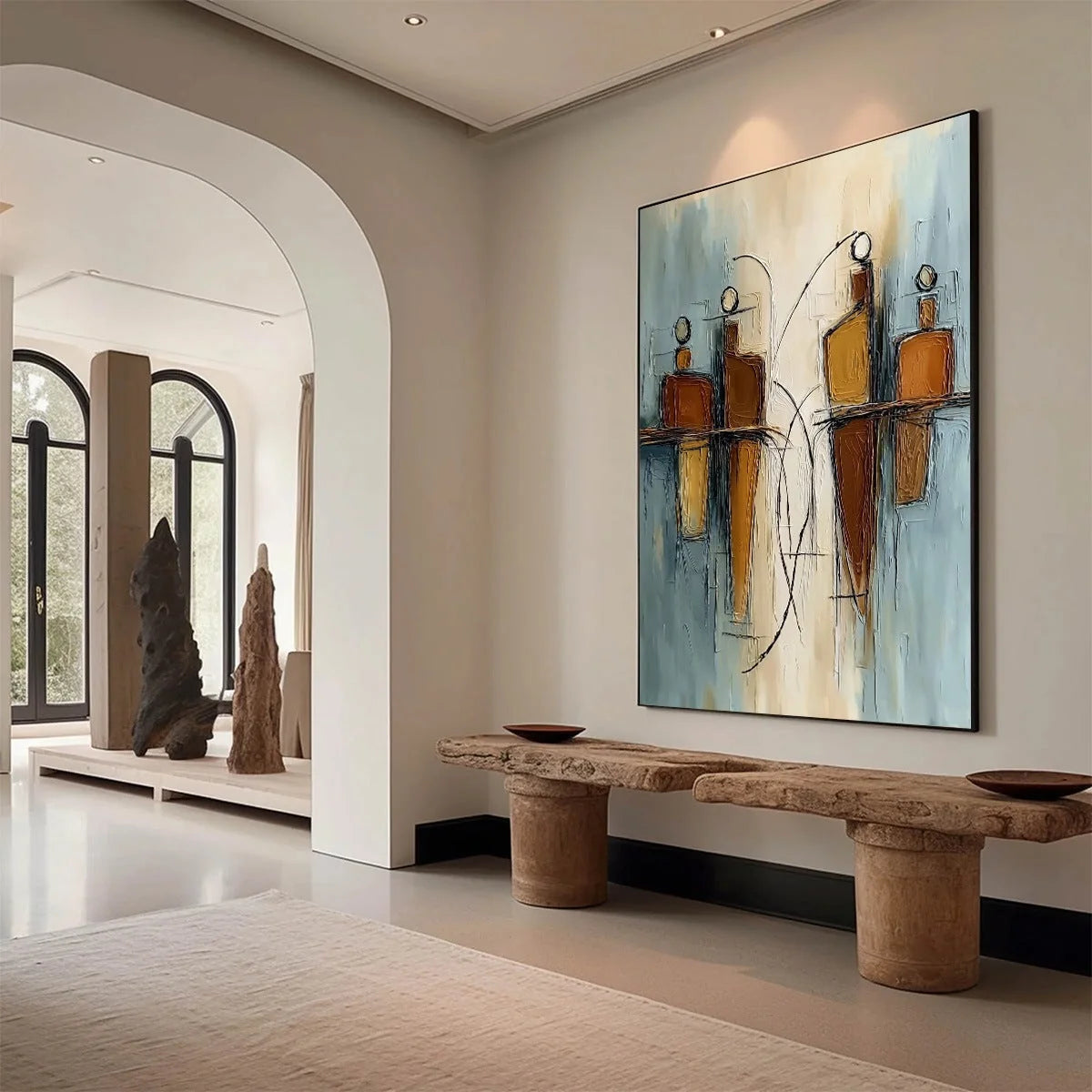 Convergence: Vertical Textured Abstract Oil Painting for Walls | Abstract mood, soft natural light studio shot
