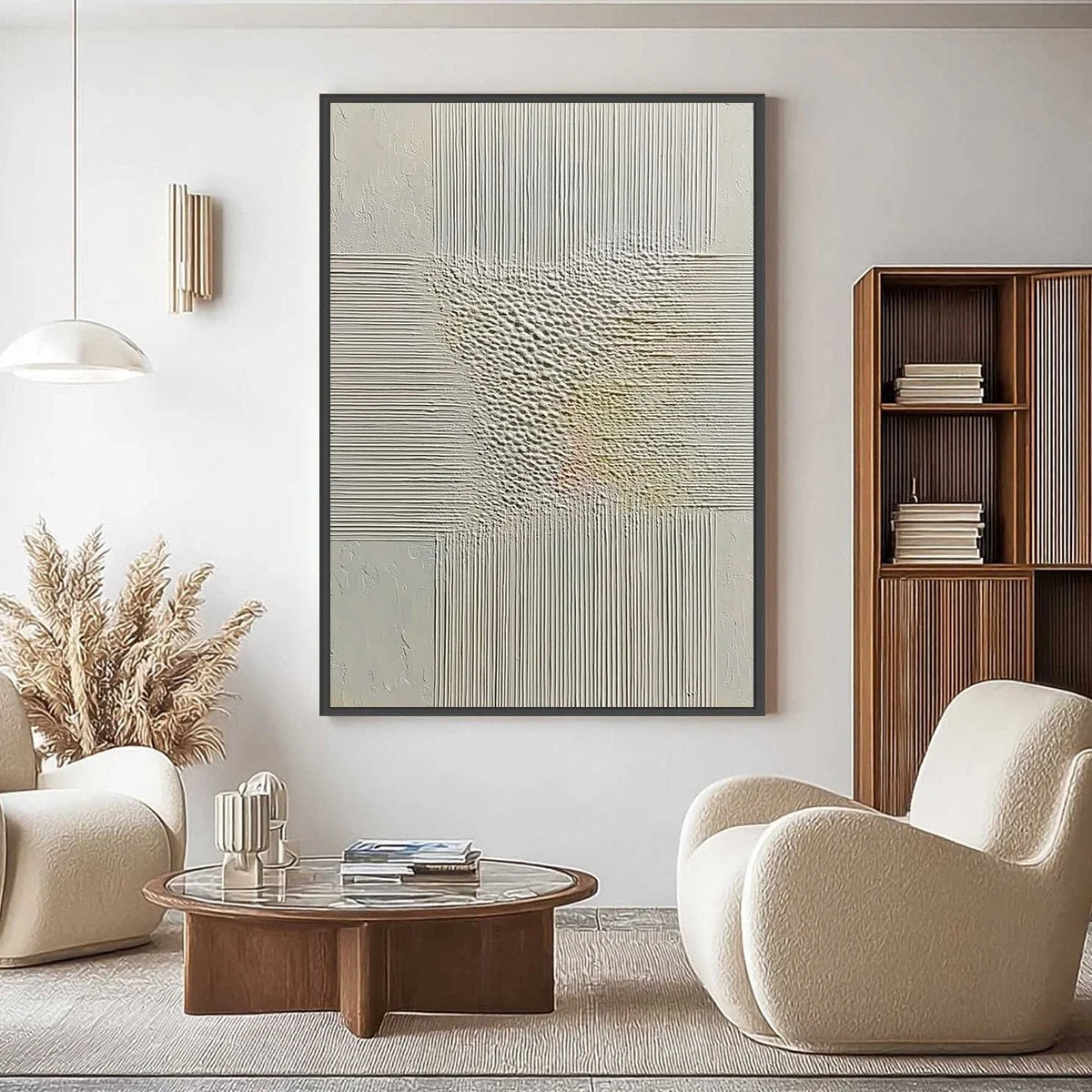 ECHOES OF STILLNESS: Vertical Wabi Sabi Textured Abstract Wall Art | gold frame stretched on neutral wall