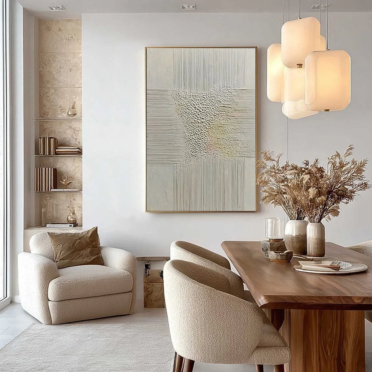 ECHOES OF STILLNESS: Vertical Wabi Sabi Textured Abstract Wall Art | black frame version on white wall